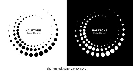 Halftone circular dotted frames set. Circle dots isolated on the white background. Logo design element for medical, treatment, cosmetic. Round border using halftone circle dots texture. Vector bw.
