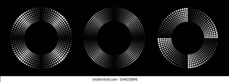 Halftone circular dotted frames set. Circle dots isolated on the black background. Logo design element for medical, treatment, cosmetic. Round border using halftone circle dots texture. Vector.
