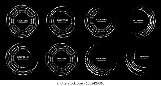 Halftone circular dotted frames set. Circle dots isolated on the white background. Logo design element for medical, treatment, cosmetic. Round border using halftone circle dots texture. Vector