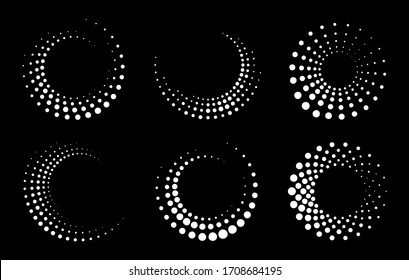 Halftone circular dotted frames set. Circle dots isolated on the white background. Logo design element for medical, treatment, cosmetic. Round border using halftone circle dots texture. Vector