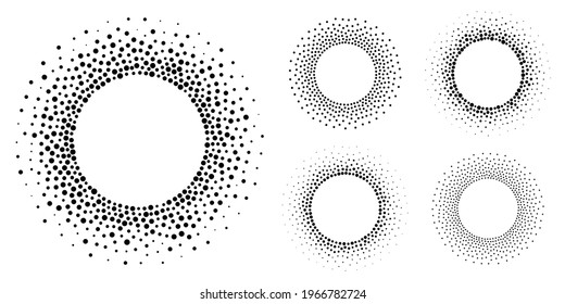 Halftone circular dotted frames set. Circle dots isolated on the white background. Logo design element for medical, treatment, cosmetic. Round border using halftone circle dots texture. Vector