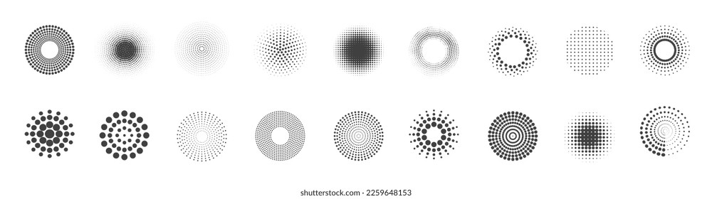 Conjunto de marcos con puntos circulares de semitono. La textura de los puntos de círculo se aísla sobre fondo blanco. Textura de pulverización manchada. Elemento de diseño abstracto vectorial