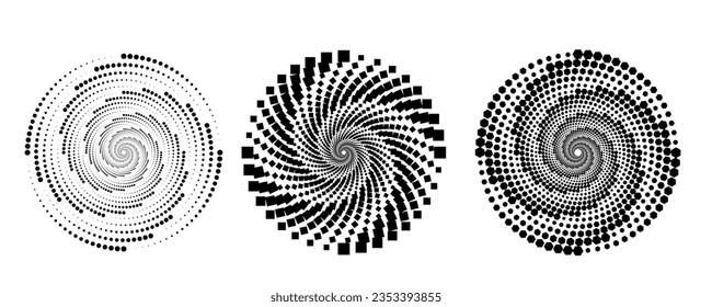 Halftone circular dotted frames set. Circle dots isolated on the white background. Logo design element for medical, treatment, cosmetic. Round border using halftone circle dots texture. Vector