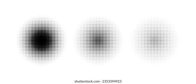 Halftone circular dotted frames set. circular retro halftone radial gradient style set