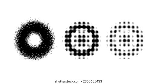 Halftone circular dotted frames set. Circle dots texture isolated on white background. Spotted spray texture.