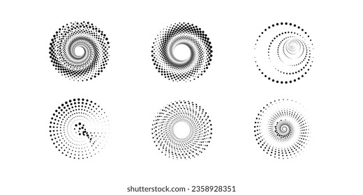 Conjunto de marcos con puntos circulares de semitono. Los puntos de círculo están aislados en el fondo blanco. Elemento de diseño de logotipo para medicina, tratamiento, cosmética. Borde redondeado con textura de puntos de círculo semitonos. Vector