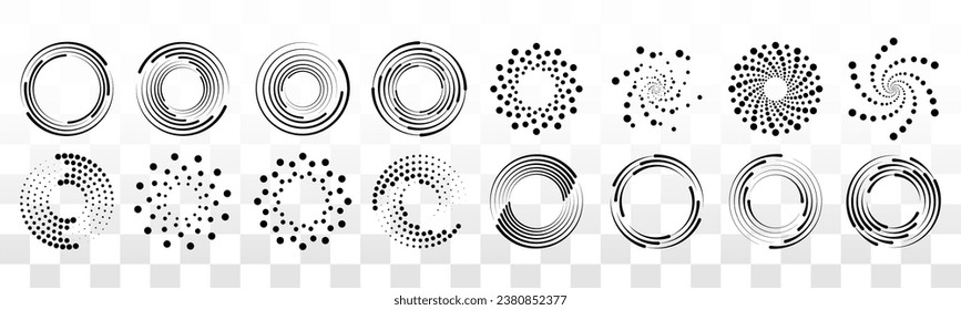 Halftone circular dotted frames set. Circle dots isolated on the white background. Logo design element for medical, treatment, cosmetic. Round border using halftone circle dots texture. Vector