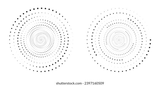 Conjunto de marcos con puntos circulares de semitono. La textura de los puntos de círculo se aísla sobre fondo blanco. Textura de pulverización manchada. Vector de diseño abstracto elemento de círculo espiral de onda de sonido vectores concepto de artes espirales