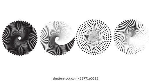 Halftone circular dotted frames set. Circle dots texture isolated on white background. Spotted spray texture. Vector abstract design element spiral circle sound wave vector logo concept