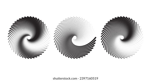 Halftone circular dotted frames set. Circle dots texture isolated on white background. Spotted spray texture. Vector abstract design element spiral circle sound wave vector logo concept vector dots