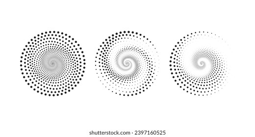 Conjunto de marcos con puntos circulares de semitono. La textura de los puntos de círculo se aísla sobre fondo blanco. Textura de pulverización manchada. Elemento de diseño abstracto vectorial círculo espiral onda de sonido vectores conjunto de puntos 