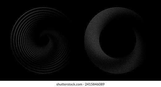 Halftone circular dotted frames set. Circle dots texture isolated on white background. Spotted spray texture. Vector abstract design element spiral circle sound wave vector dots circle