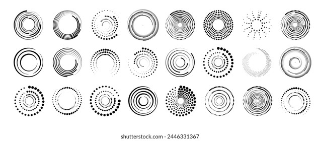 Halftone circular dotted frames set. Set of black thick halftone dotted speed lines. Speed lines in circle form. Geometric art. Vector