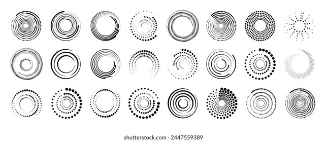 Halftone circular dotted frames set. Set of black thick halftone dotted speed lines. Speed lines in circle form. Geometric art. Vector