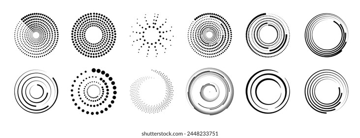 Halftone circular dotted frames set. Set of black thick halftone dotted speed lines. Speed lines in circle form. Geometric art. Vector