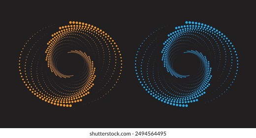 Halftone circular dotted frames set. Circle dots texture isolated on black background. Spotted spray texture. Vector abstract design element spiral circle sound wave vector logo concept dots arts 