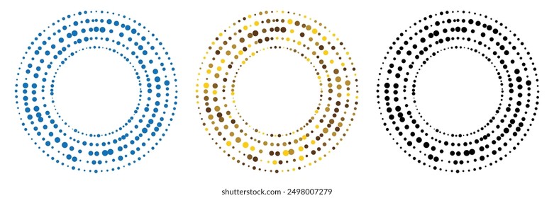 Halftone circular dotted frames set. Business halftone dotted minimal circle frames collection.