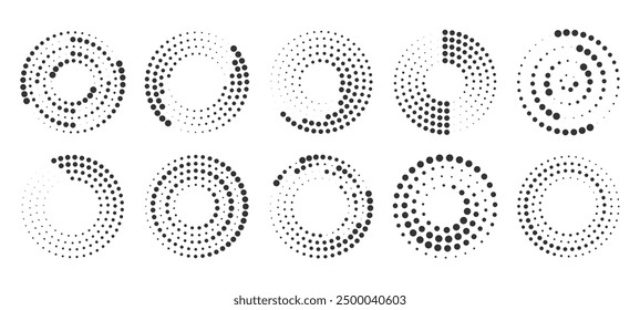 Halftone circular dotted frames set. Circle dots isolated on the white background. Logo design element for medical, treatment, cosmetic. Round border using halftone circle dots texture. Vector	