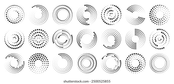 Halftone circular dotted frames set. Circle dots isolated on the white background. Logo design element for medical, treatment, cosmetic. Round border using halftone circle dots texture. Vector	