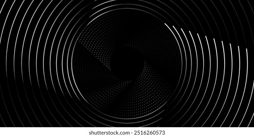 Conjunto de quadros pontilhados circulares de meio-tom. Textura de pontos de círculo isolada em fundo branco. Textura de pulverização manchada. Círculo espiral do elemento de design abstrato do vetor