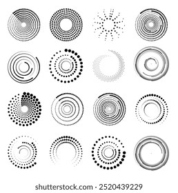 Halftone circular dotted frames set. Set of black thick halftone dotted speed lines. Speed lines in circle form. Geometric art. Vector