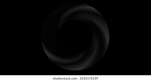 Halftone circular dotted frames set. Circle dots texture isolated on white background. Spotted spray texture. Vector abstract design element spiral circle