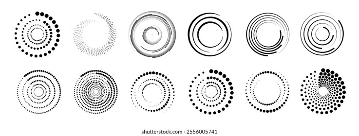 Halftone circular dotted frames set. Set of black thick halftone dotted speed lines. Speed lines in circle form. Geometric art. Vector