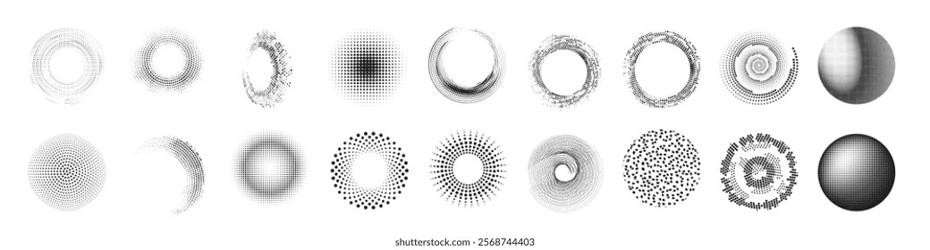 Halftone circular dotted frames set. Circle dots texture isolated on transparent background. Abstract circle elements set