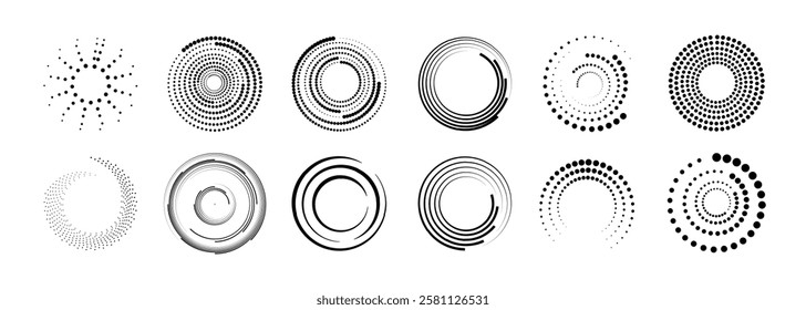Halftone circular dotted frames set. Set of black thick halftone dotted speed lines. Speed lines in circle form. Geometric art. Vector
