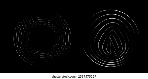 Halftone circular dotted frames set. Circle dots texture isolated on white background. Spotted spray texture. Vector abstract design element spiral circle