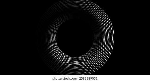 Halftone circular dotted frames set. Circle dots texture isolated on white background. Spotted spray texture. Vector abstract design element spiral circle