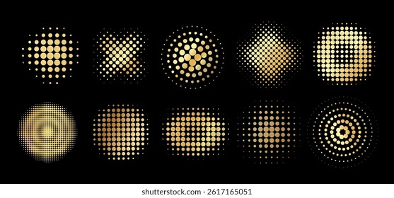 Halftone circular dotted frames set. Gold Circle dots pattern elements isolated on black background. Spotted golden abstract geometric shapes. Radiate ring logo Vector design