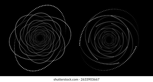 Halftone circular dotted frames set. Circle dots texture isolated on white background. Spotted spray texture. Vector abstract design element spiral circle sound wave vector logo modern black and white
