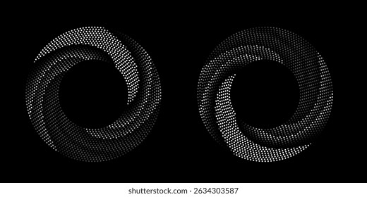 Halftone circular dotted frames set. Circle dots texture isolated on white background. Spotted spray texture. Vector abstract design element spiral circle sound wave vector logo modern black and white