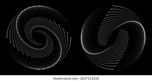Halftone circular dotted frames set. Circle dots texture isolated on white background. Spotted spray texture. Vector abstract design element spiral circle sound wave vector logo modern black and white