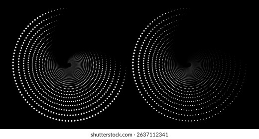Halftone circular dotted frames set. Circle dots texture isolated on white background. Spotted spray texture. Vector abstract design element spiral circle sound wave vector logo modern black and white