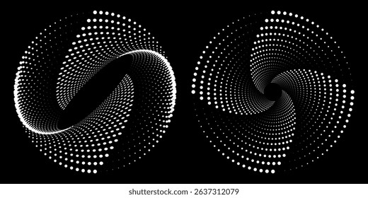 Halftone circular dotted frames set. Circle dots texture isolated on white background. Spotted spray texture. Vector abstract design element spiral circle sound wave vector logo modern black and white