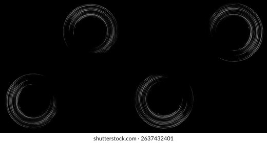 Halftone circular dotted frames set. Circle dots texture isolated on white background. Spotted spray texture. Vector abstract design element spiral circle sound wave vector logo modern black and white