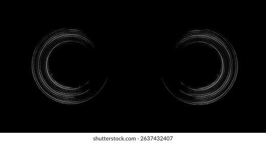 Halftone circular dotted frames set. Circle dots texture isolated on white background. Spotted spray texture. Vector abstract design element spiral circle sound wave vector logo modern black and white