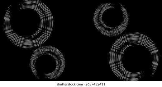 Halftone circular dotted frames set. Circle dots texture isolated on white background. Spotted spray texture. 