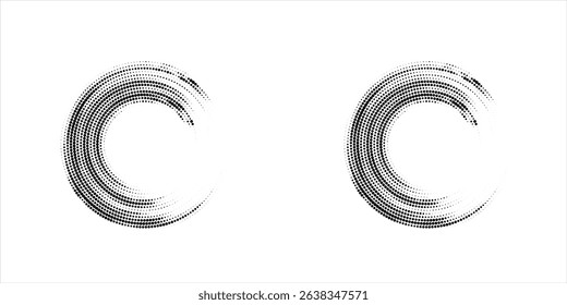 Halftone circular dotted frames set. Circle dots texture isolated on white background. Spotted spray texture. Vector abstract design element spiral circle sound wave vector logo concept spiral arts