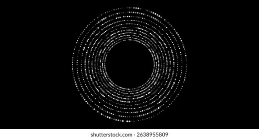 Halftone circular dotted frames set. Circle dots texture isolated on white background. Spotted spray texture. Vector abstract design element spiral circle