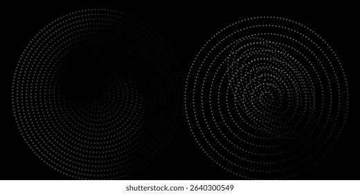 Halftone circular dotted frames set. Circle dots texture isolated on white background. Spotted spray texture. Vector abstract design element spiral circle sound wave vector logo modern black and white