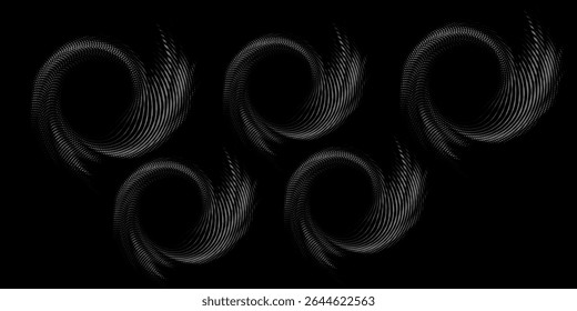 Halftone circular dotted frames set. Circle dots texture isolated on white background. Spotted spray texture. Vector abstract design element spiral circle sound wave logo modern black and white.