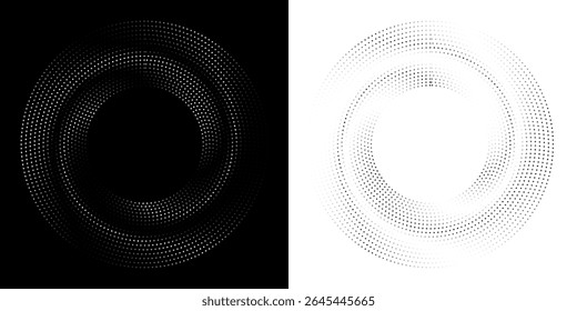 Halftone circular dotted frames set. Circle dots texture isolated on white background. Spotted spray texture. Vector abstract design element spiral circle