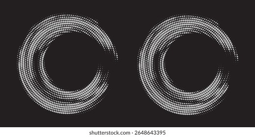 Halftone circular dotted frames set. Circle dots texture isolated on white background. Spotted spray texture. Vector abstract design element spiral circle sound wave vector logo