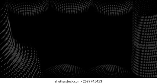 Halftone circular dotted frames set. Circle dots texture isolated on white background. Spotted spray texture. Vector abstract design element spiral circle sound wave vector logo modern black and white