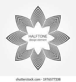 Halftone circular floral logo. Halftone circle dots texture. Dotted flower dots backdrop. Abstract monochrome decorative background. Vector
 art illustration.
