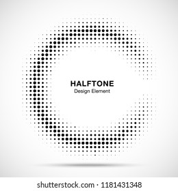 Halftone circular frame background. Circle border Icon using halftone circle dots raster texture. Half moon. Logo emblem design element for medical, treatment, cosmetic. Vector illustration.

