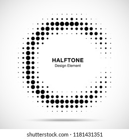 Halftone circular frame background. Circle border Icon using halftone circle dots raster texture. Half moon. Logo emblem design element for medical, treatment, cosmetic. Vector illustration.
